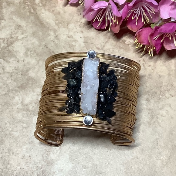 🌸 2PC BRACELET GOLD SET DRUZY BLING ONYX BUNDLE CUFF BOHEMIAN DIAMOND BOHO CHIC - Picture 6 of 7